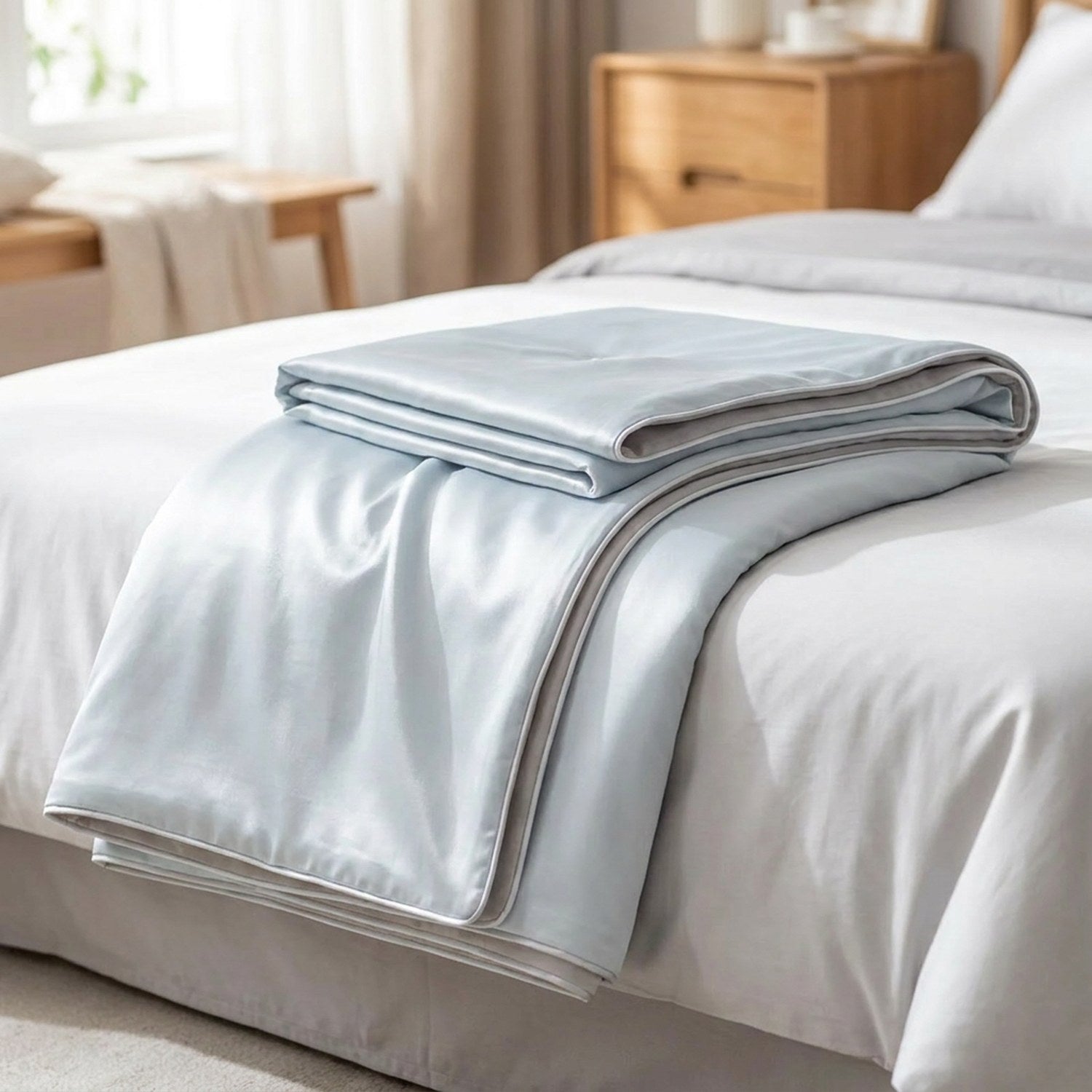Couette d'été en soie glacée coloris bleu pliée sur un lit