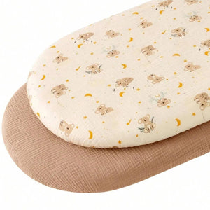 Drap-housse de berceau en gaze de coton imprimé petits oursons lune et étoiles avec drap uni taupe