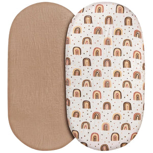 Drap-housse de couffin en mousseline imprimé arcs-en-ciel terracotta avec drap uni taupe