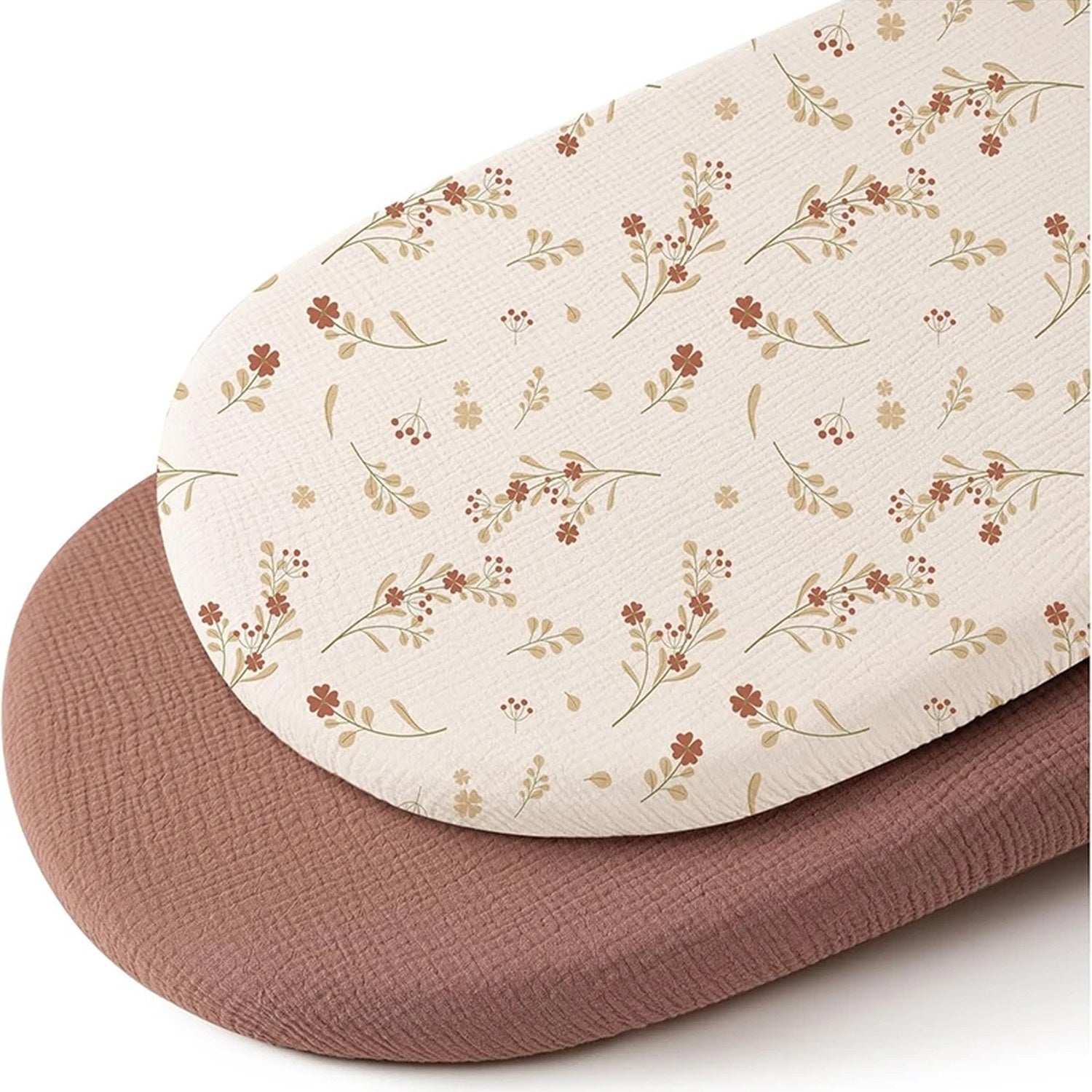 Drap-housse de berceau en gaze de coton imprimé fleurs terracotta avec drap uni vieux rose