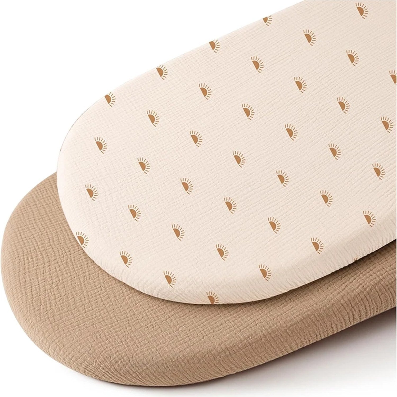 Drap-housse de berceau en gaze de coton imprimé petits soleils avec drap uni sable