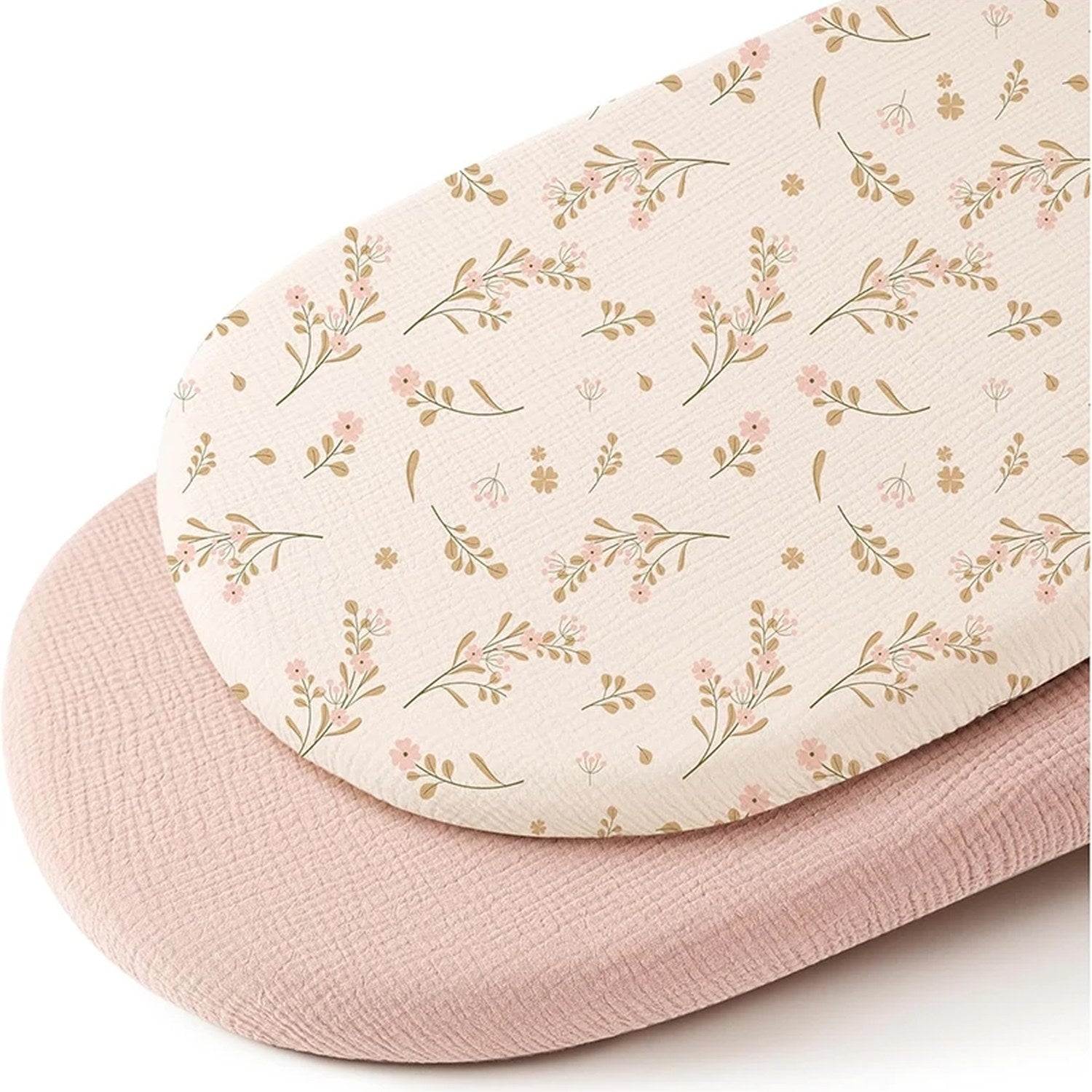 Drap-housse de berceau en gaze de coton imprimé fleurs des champs roses avec drap uni rose poudré