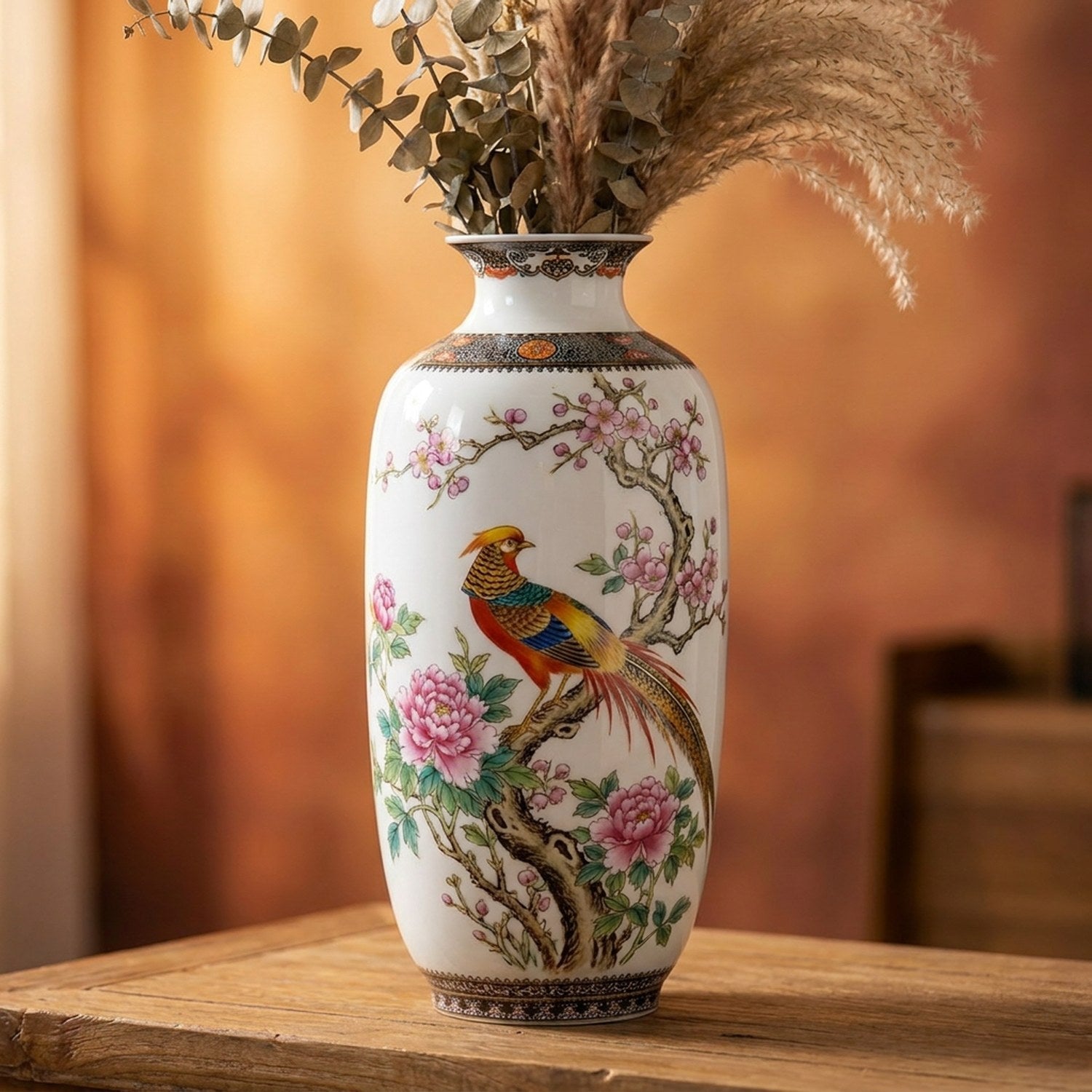Vase céramique Jingdezhen motif Faisan doré peinture chinoise sur fond chaleureux