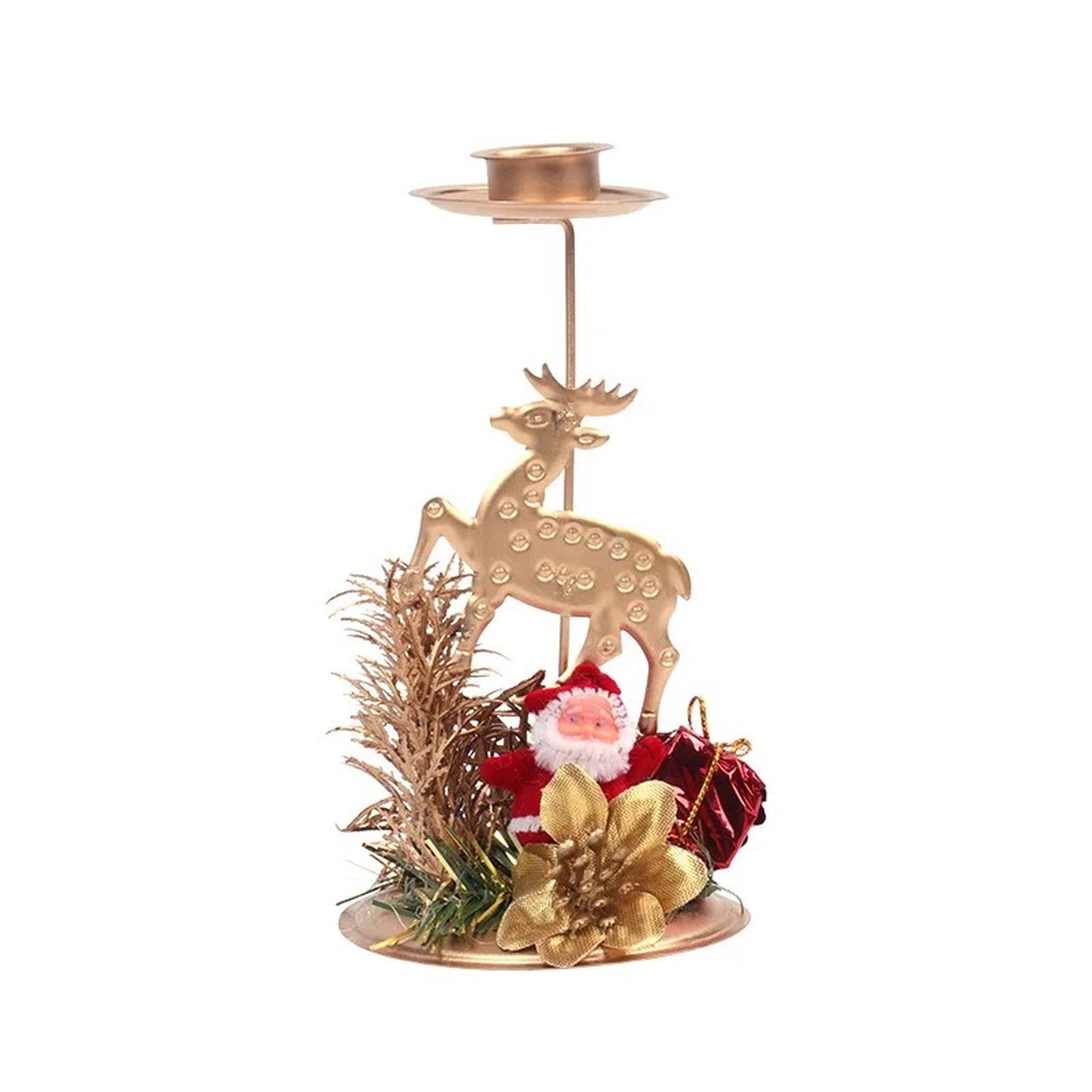 Bougeoir de Noël Renne Père Noël doré en métal avec bougie allumée