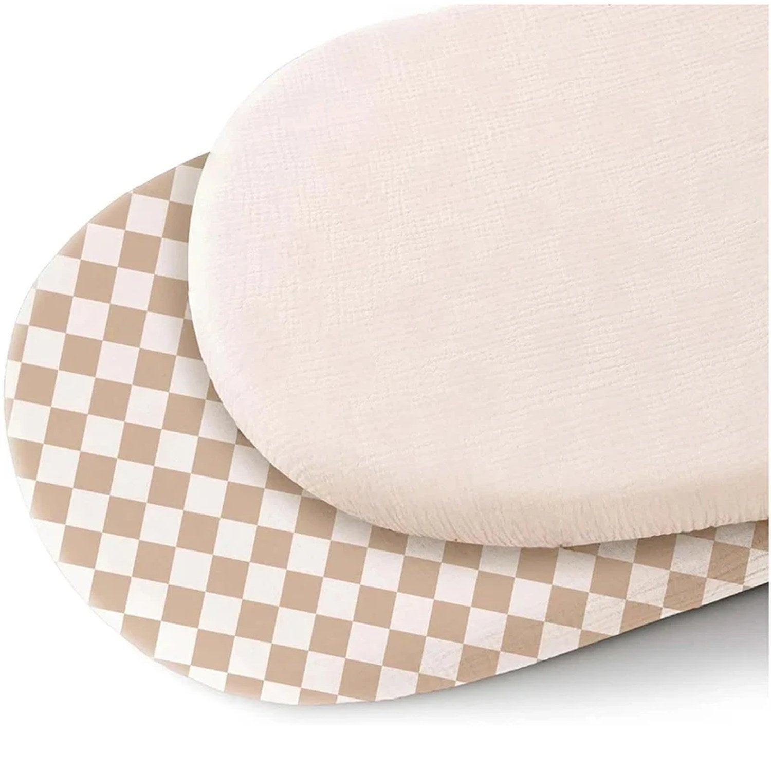 Drap-housse de berceau en gaze de coton motif damier beige avec drap uni écru