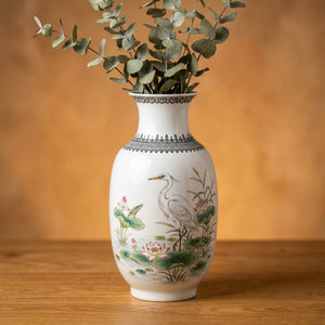 Vase céramique Jingdezhen motif Héron blanc peinture chinoise sur fond chaleureux