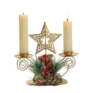 Bougeoir de Noël Double Étoile doré en métal avec deux bougies allumées