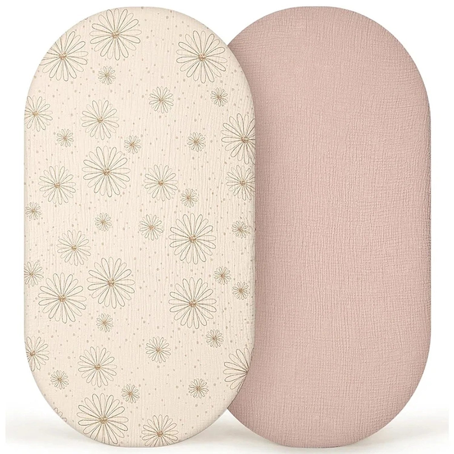 Drap-housse de couffin en mousseline imprimé marguerites dorées avec drap uni vieux rose