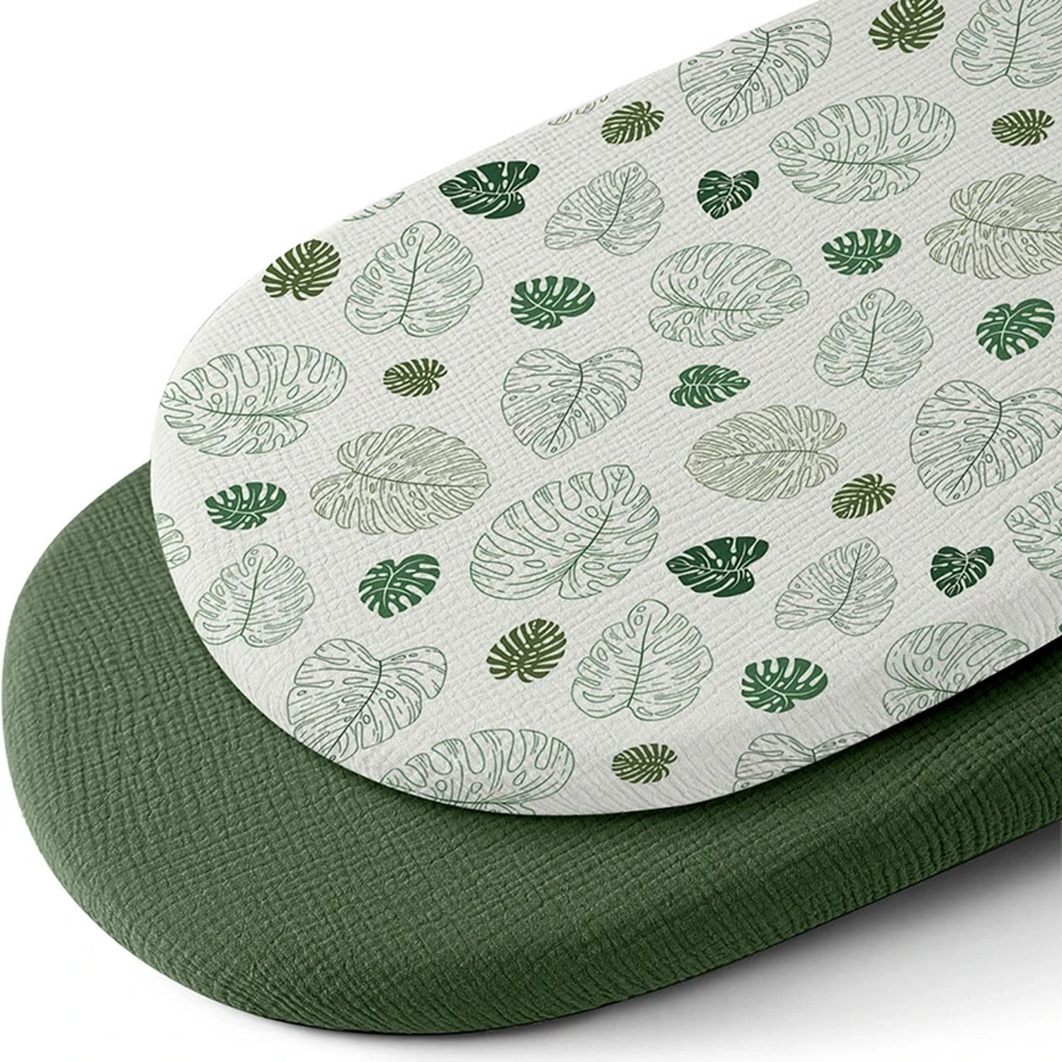 Drap-housse de couffin en mousseline imprimé feuilles tropicales vertes avec drap uni vert foncé