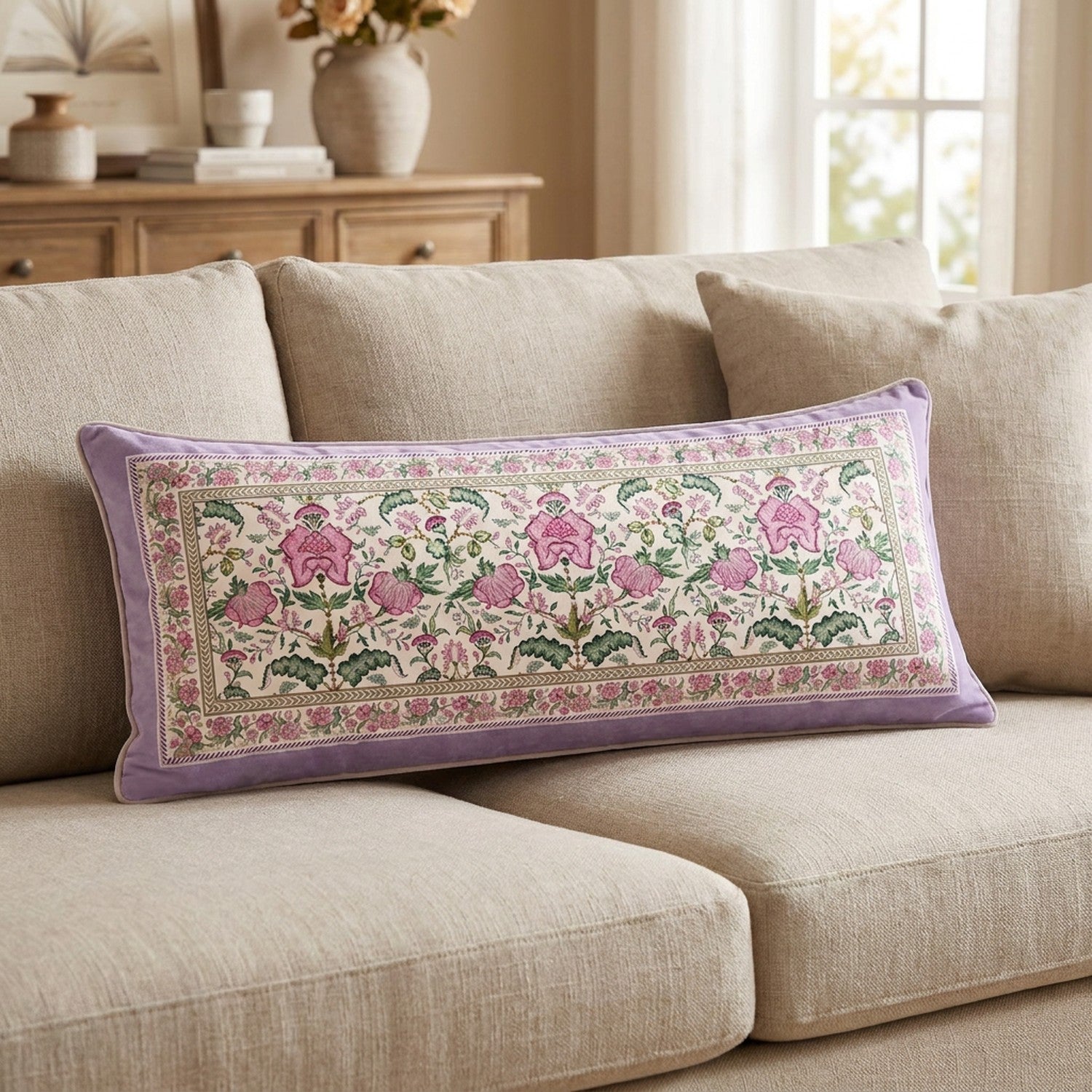 Housse de coussin rectangulaire lilas à guirlande florale rose sur un canapé en lin beige