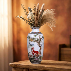Vase céramique Jingdezhen motif Cheval et singe peinture chinoise sur fond chaleureux