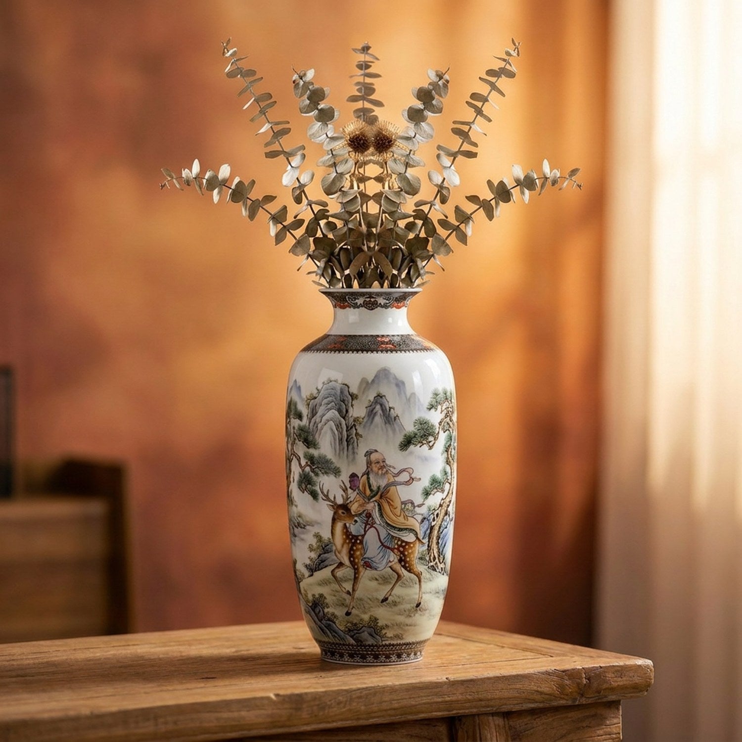 Vase céramique Jingdezhen motif Immortel au cerf peinture chinoise sur fond chaleureux
