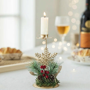 Bougeoir de Noël Flocon Doré simple en métal avec bougie allumée