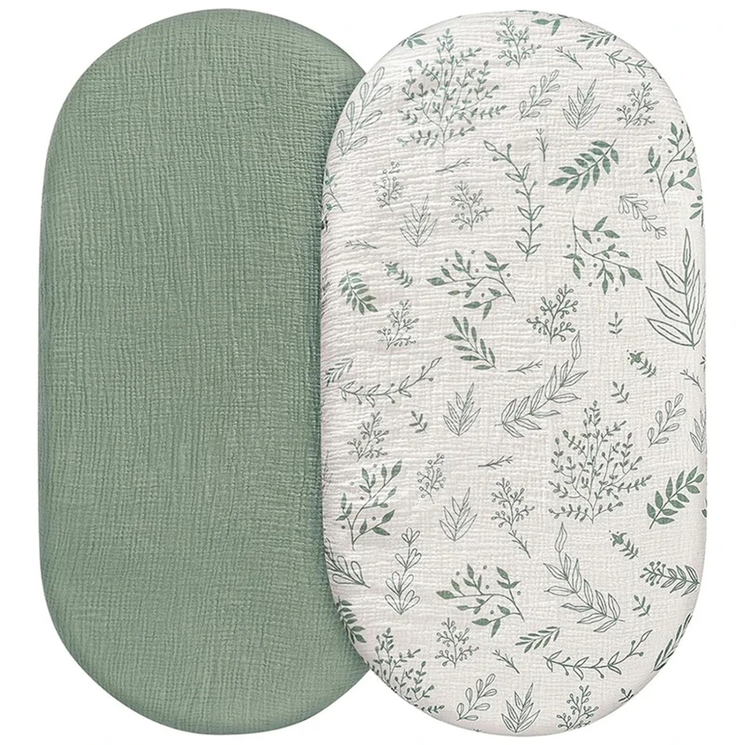 Drap-housse de couffin en mousseline imprimé feuillage vert délicat avec drap uni vert sauge