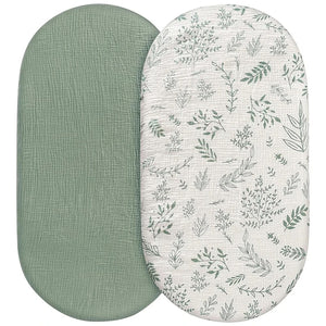 Drap-housse de couffin en mousseline imprimé feuillage vert délicat avec drap uni vert sauge