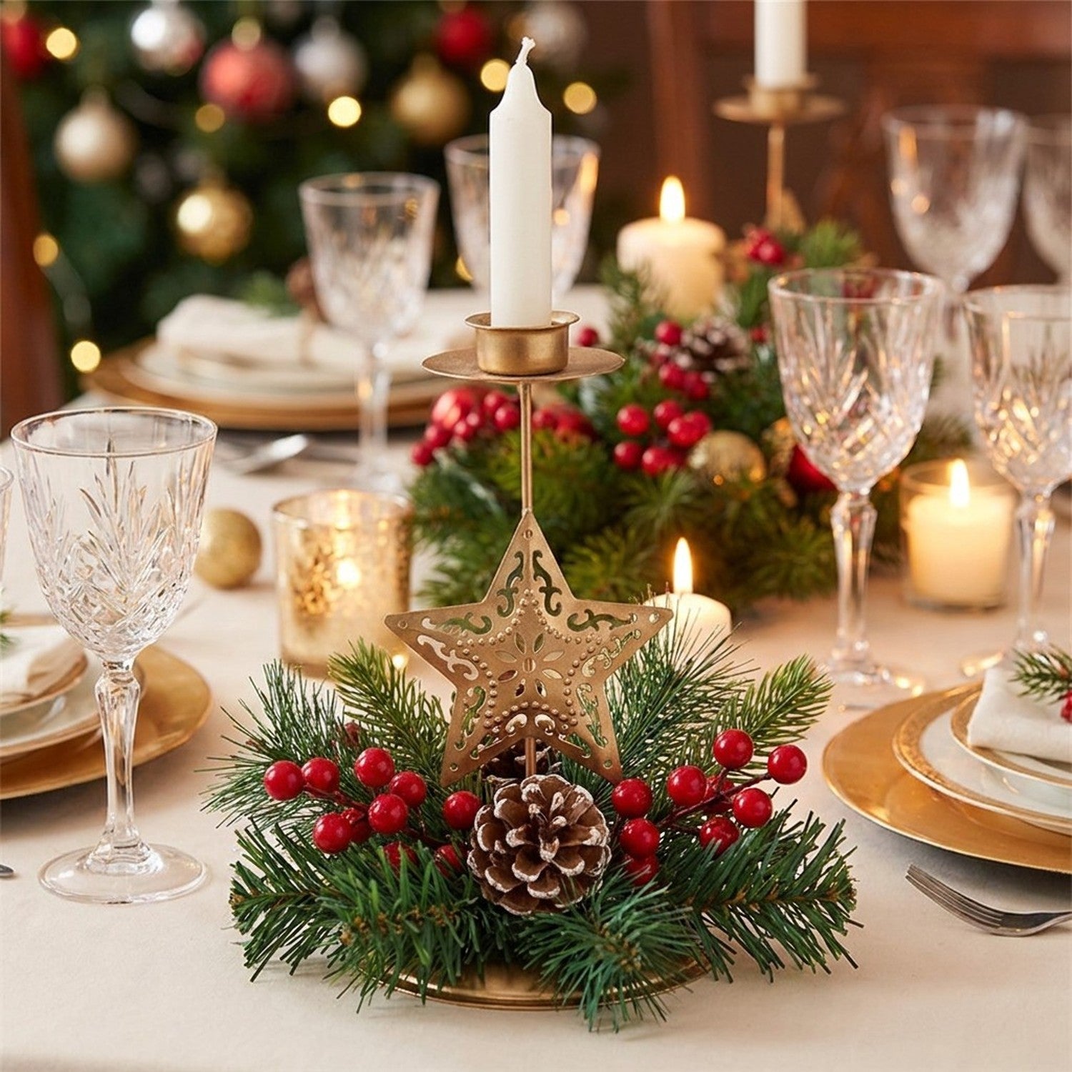 Bougeoir de Noël Étoile Dorée simple en métal avec bougie allumée