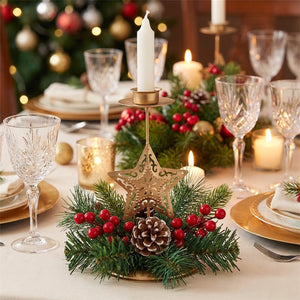 Bougeoir de Noël Étoile Dorée simple en métal avec bougie allumée
