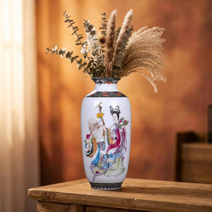 Vase céramique Jingdezhen motif Déesse et sage peinture chinoise sur fond chaleureux