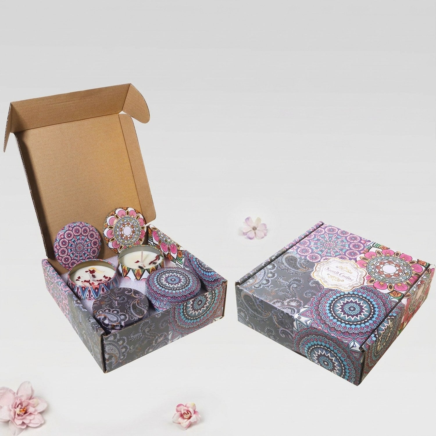 Coffret de quatre bougies parfumées bohème aux tons bleus