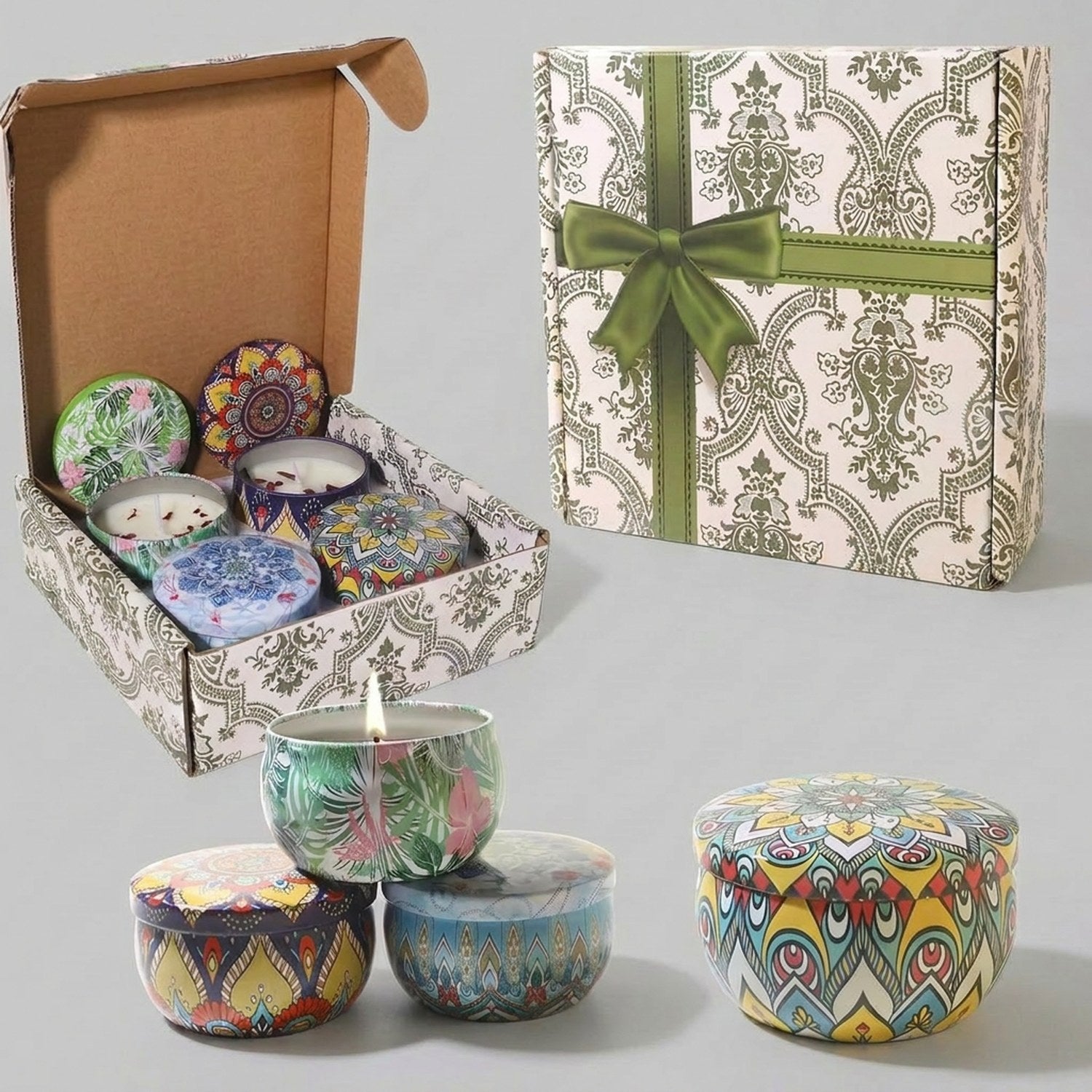 Coffret de quatre bougies parfumées bohème avec boîte cadeau ornée