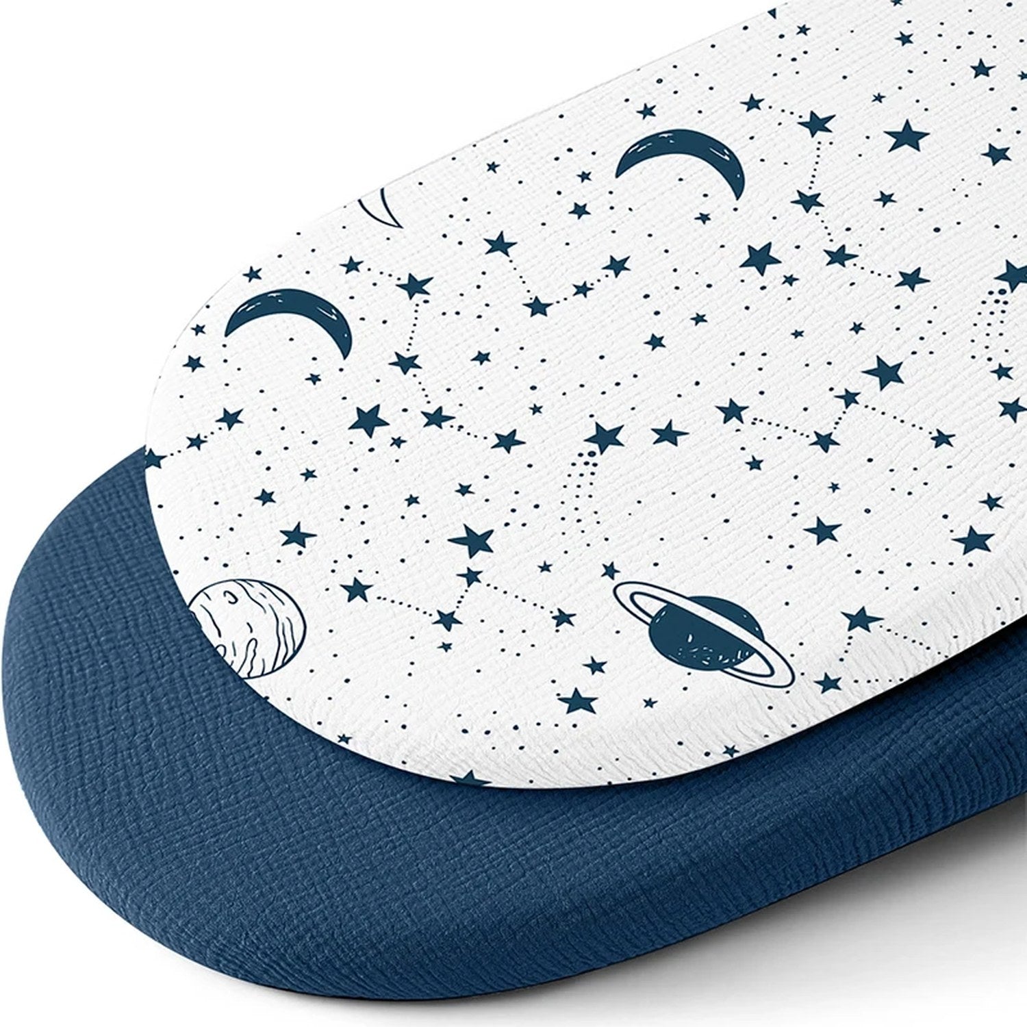 Drap-housse de couffin en mousseline imprimé ciel étoilé et planètes avec drap uni bleu marine