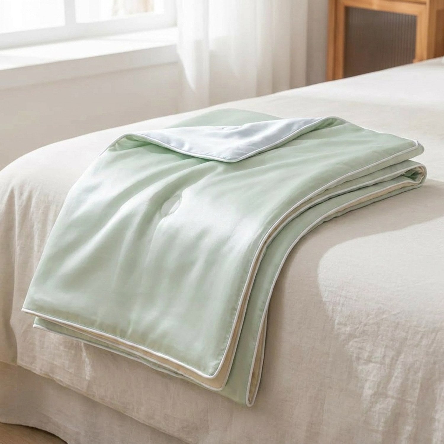 Couette d'été en soie glacée coloris vert sauge pliée sur un lit