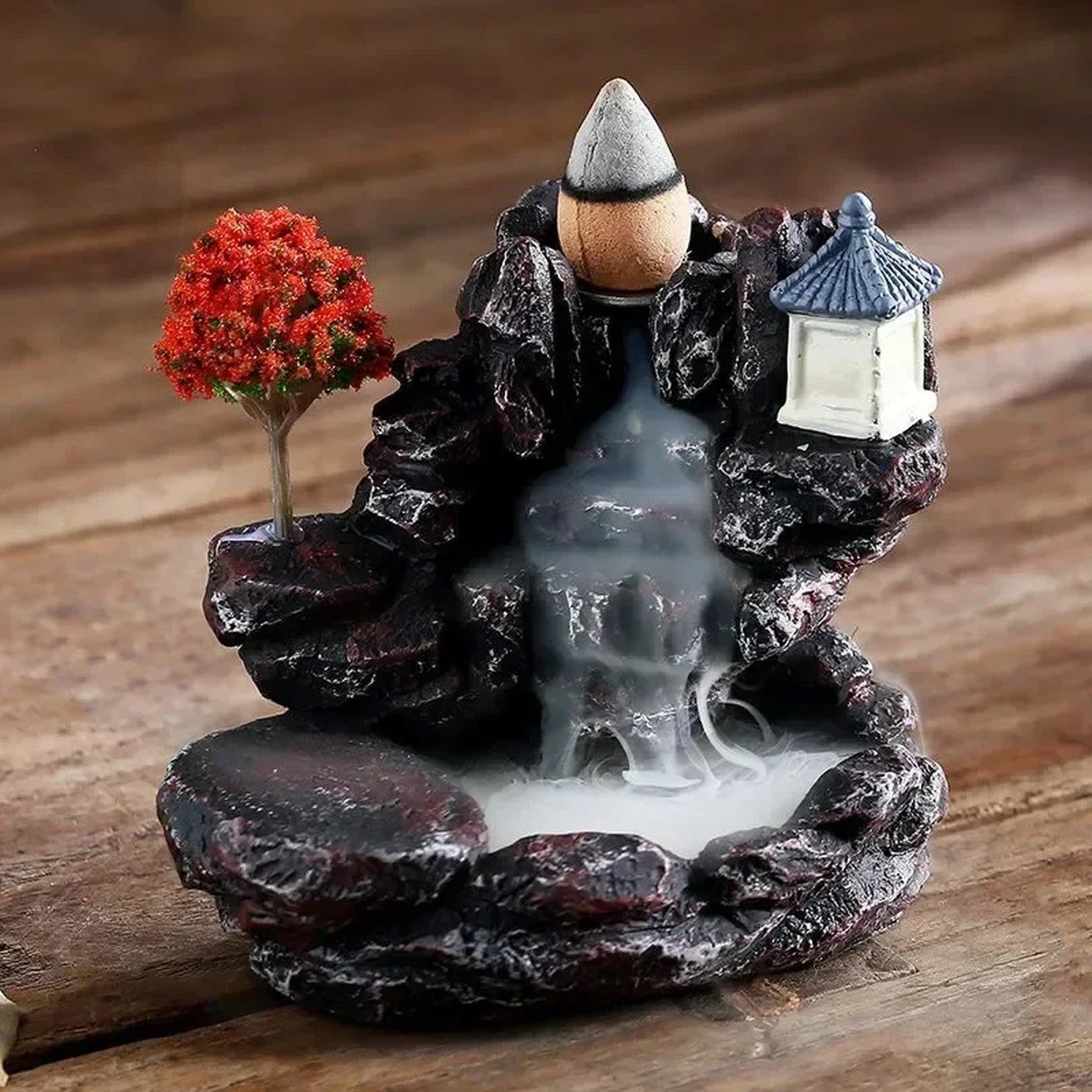 Brûleur d'encens reflux modèle Automne - érable rouge avec pagode bleue - Maia Casa