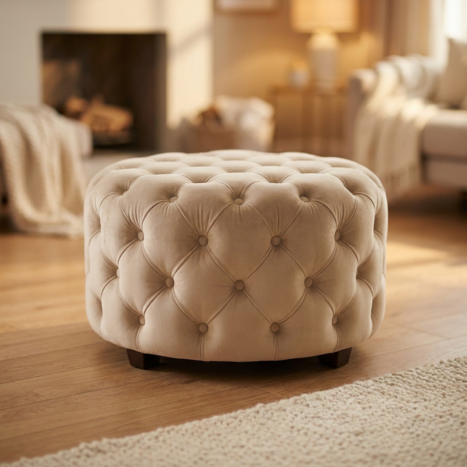 Tabouret pouf rond en velours beige capitonné sur parquet clair
