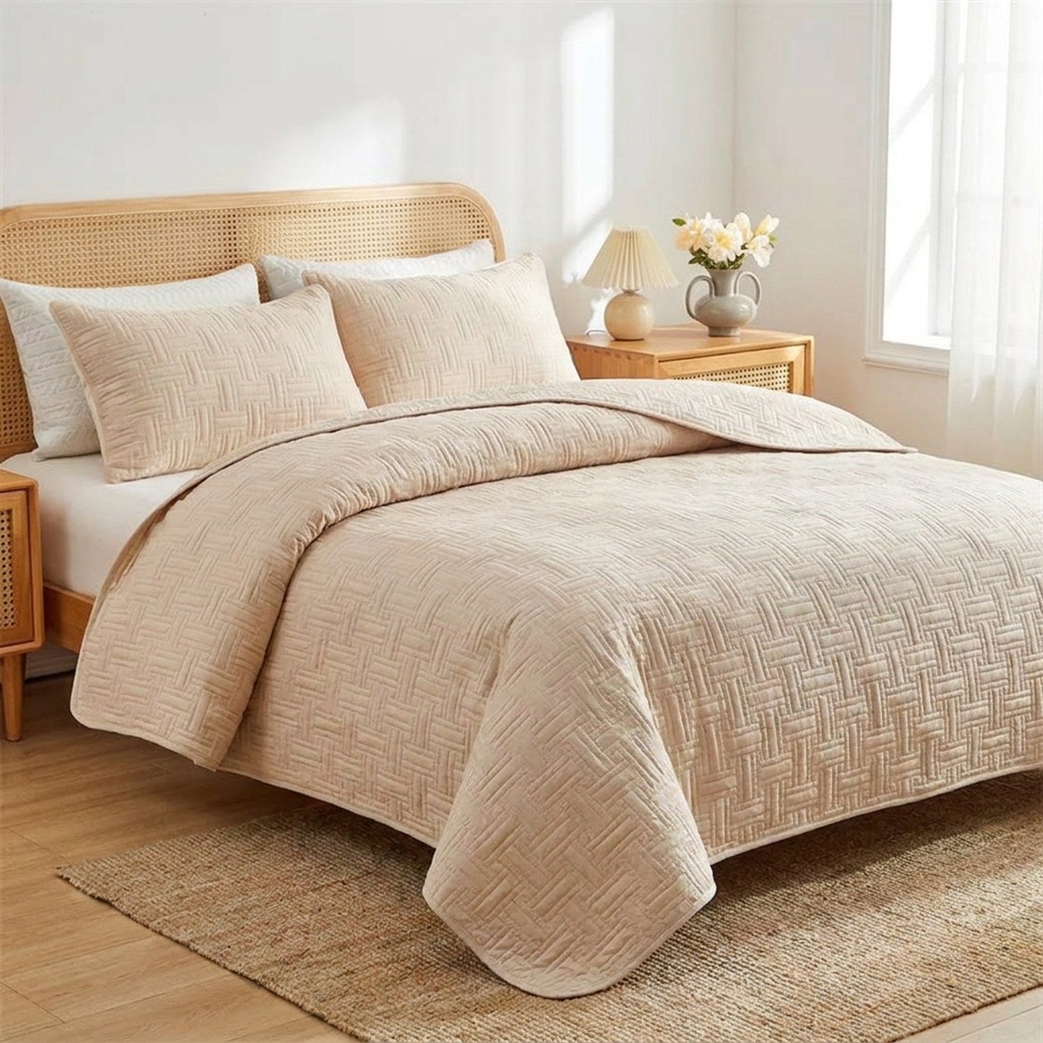 Couvre-lit matelassé tressé beige sur un lit avec deux taies d'oreiller assorties