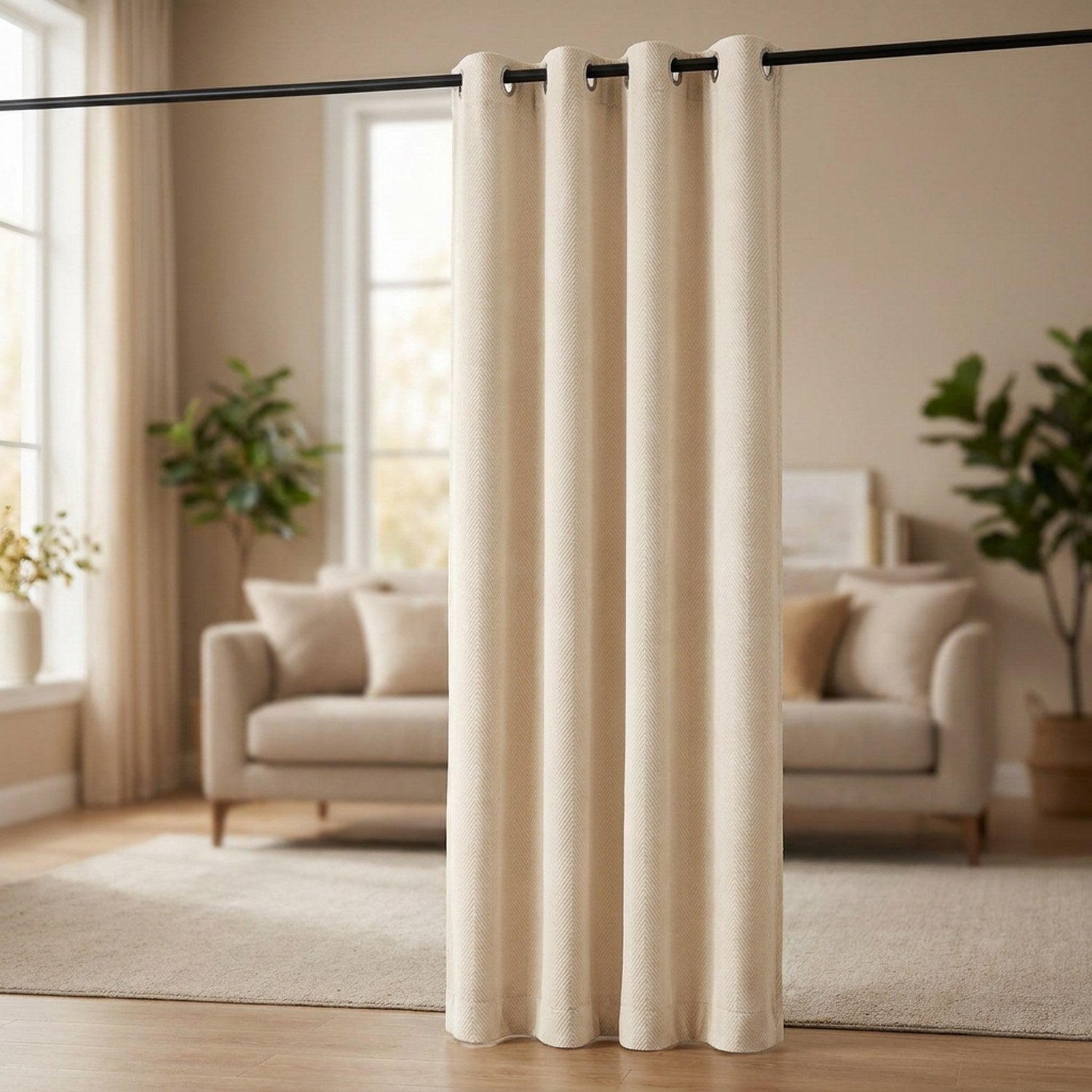 Rideau occultant beige en velours à motif chevron suspendu