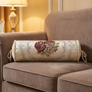 Housse de traversin cylindrique en jacquard ivoire beige brodé de fleurs