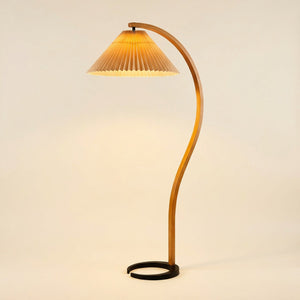 Lampadaire arc rétro bois coloris beige abat-jour plissé vue produit complète