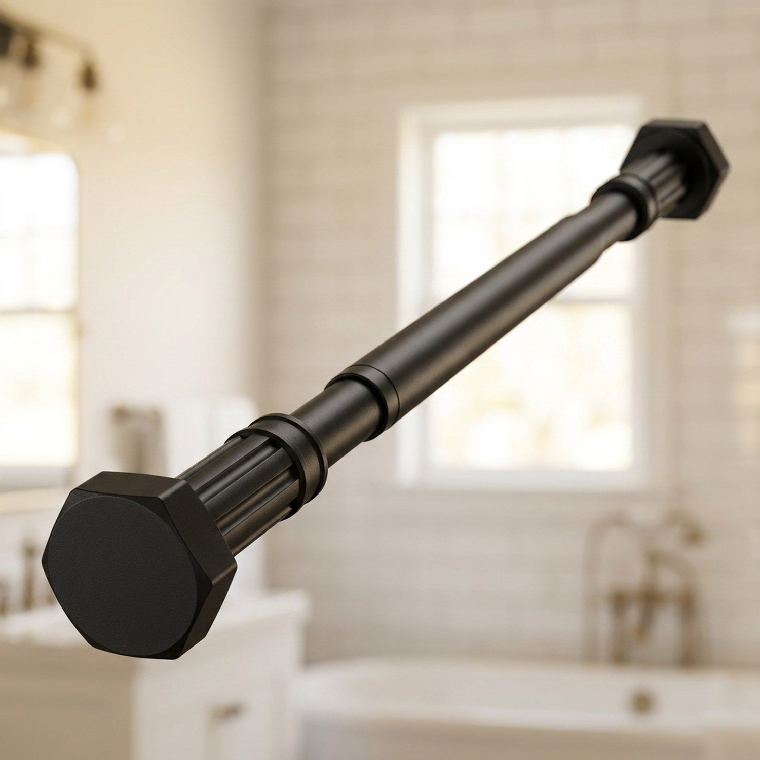 Tringle télescopique noire en gros plan avec embout hexagonal mat