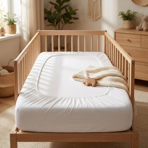 Drap housse berceau bébé blanc uni sur un lit en bois