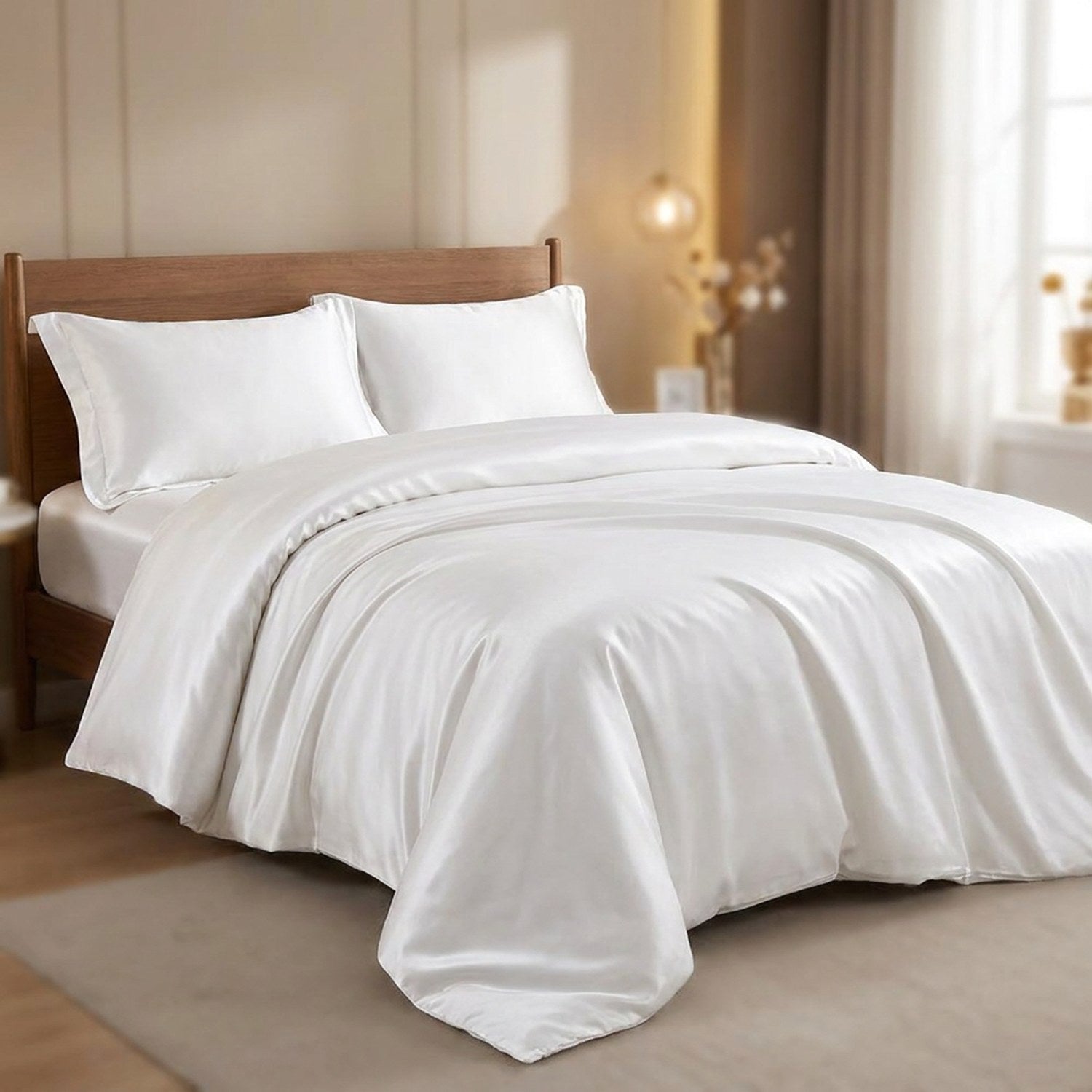 Parure de lit satin coloris blanc sur un lit avec tête de lit en bois