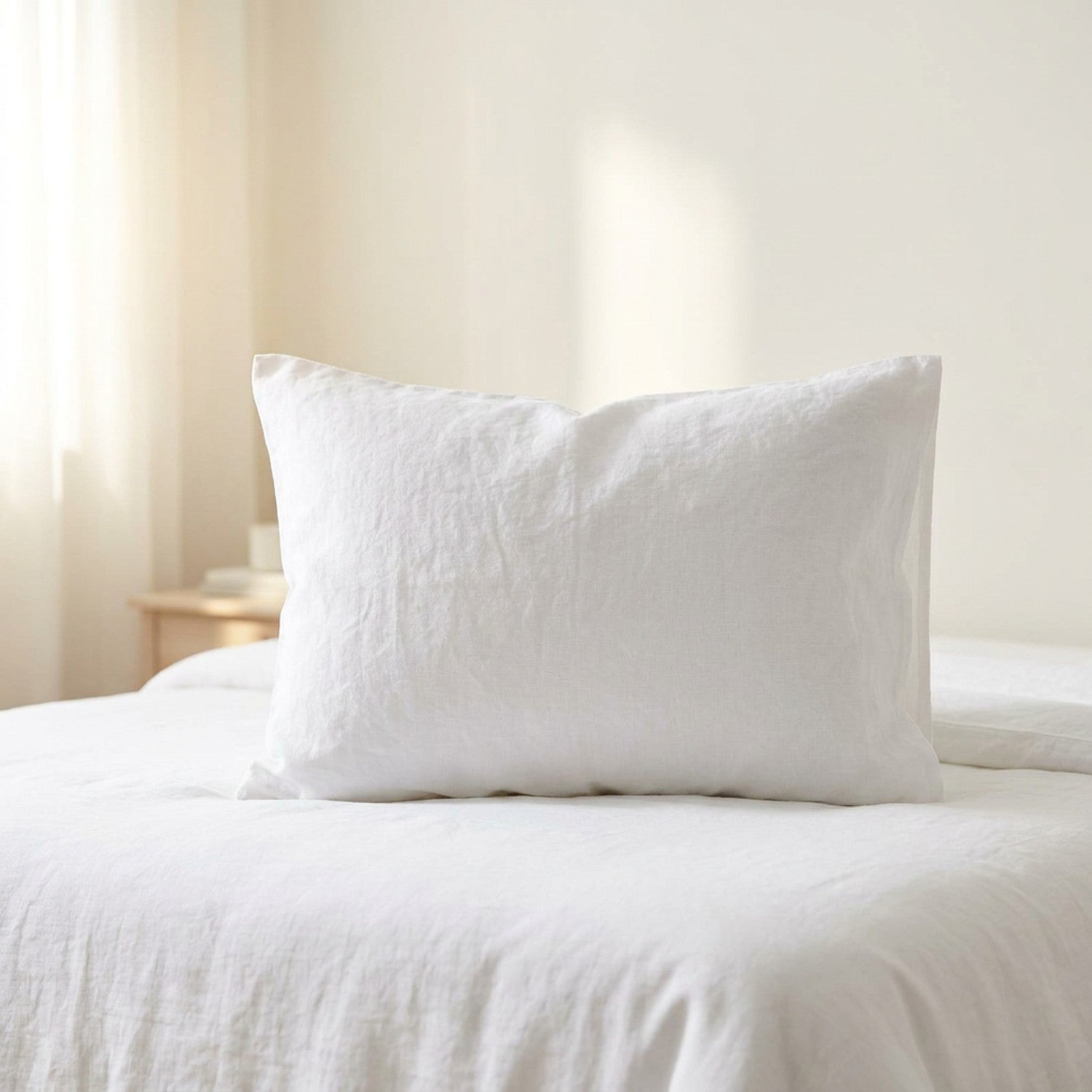 Taie d'oreiller en lin lavé blanc sur un lit dans une chambre épurée
