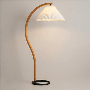 Lampadaire arc rétro bois nordique abat-jour plissé blanc coloris blanc