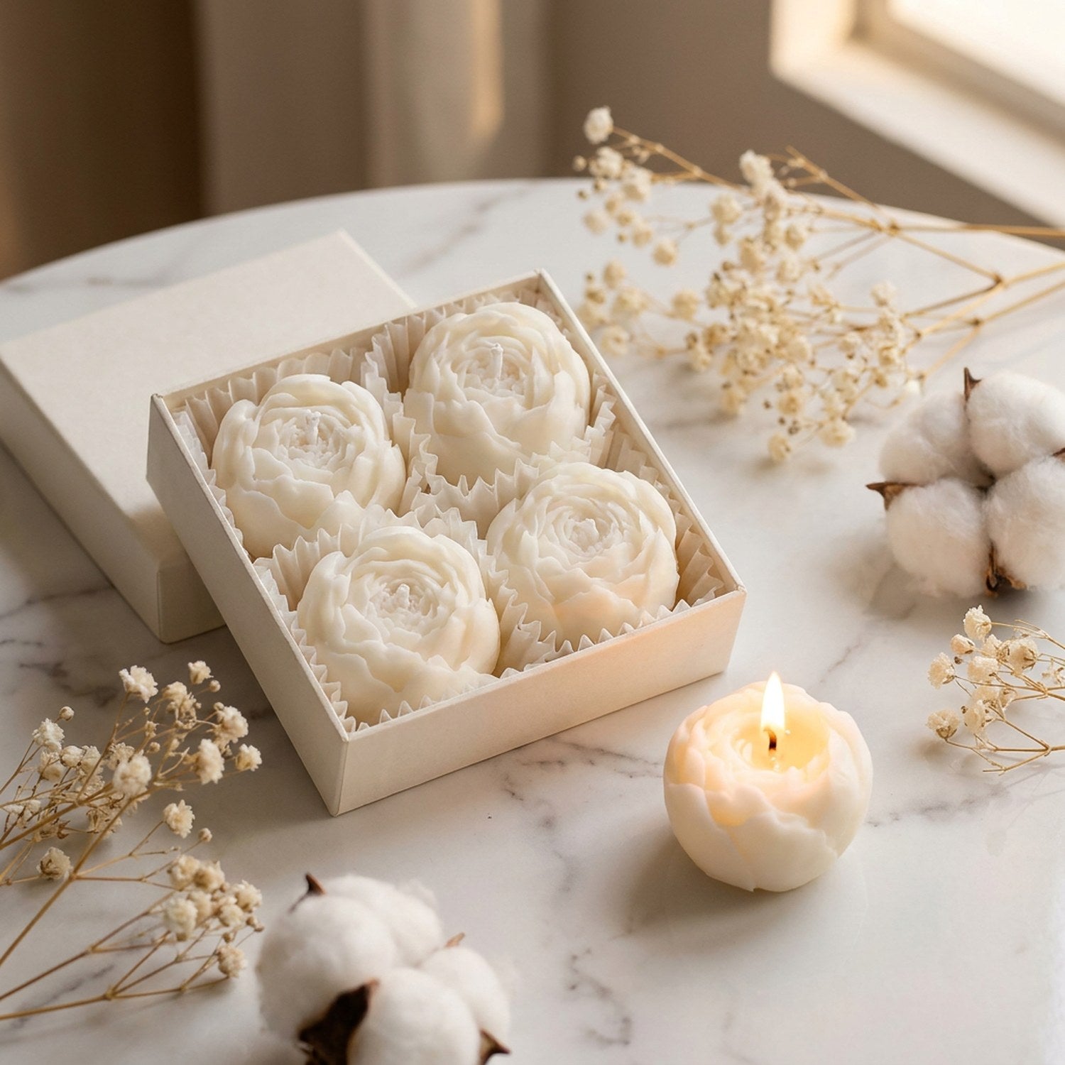 Coffret bougies pivoine Blanche cire de soja dans boîte cadeau