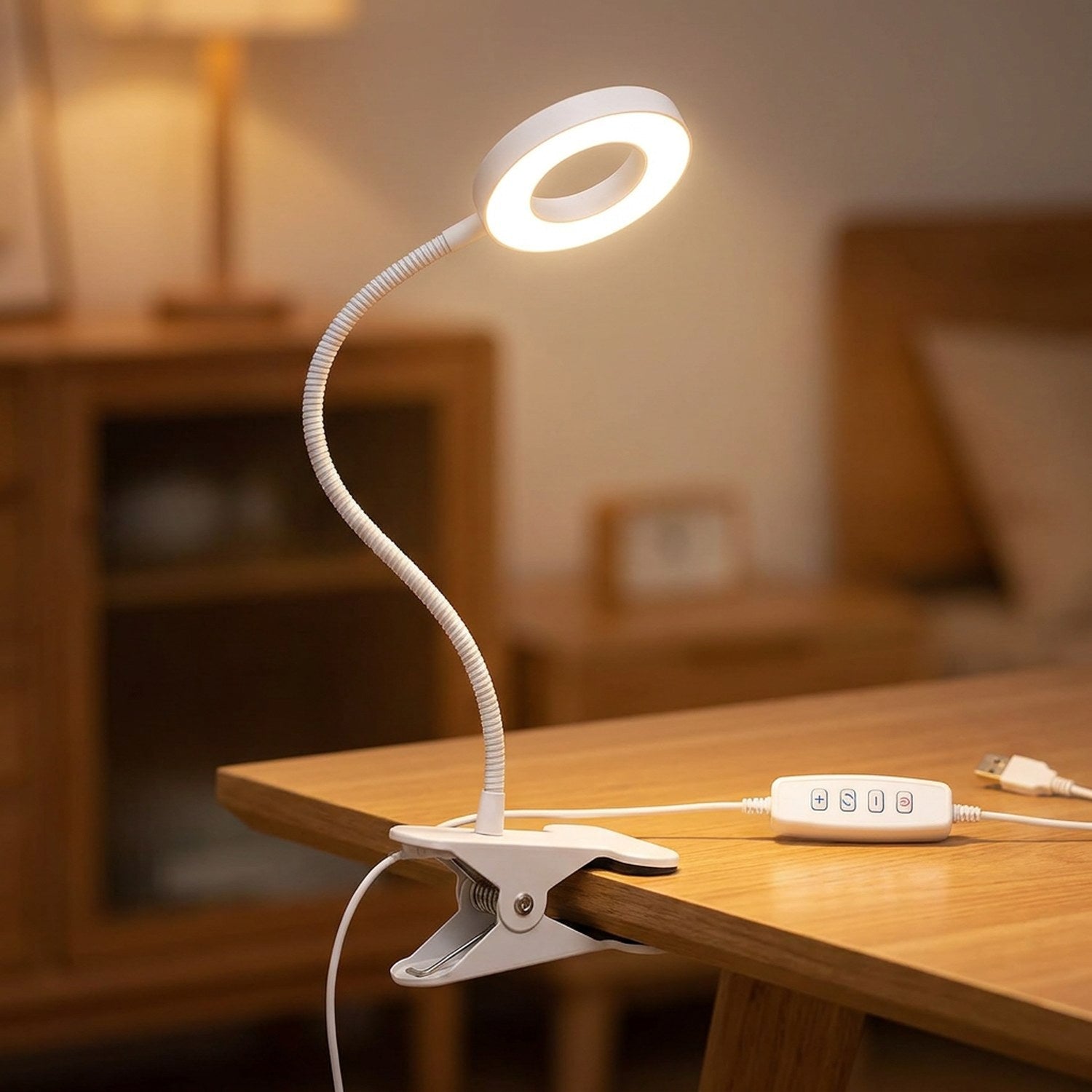 Lampe de bureau blanche à pince avec col de cygne flexible