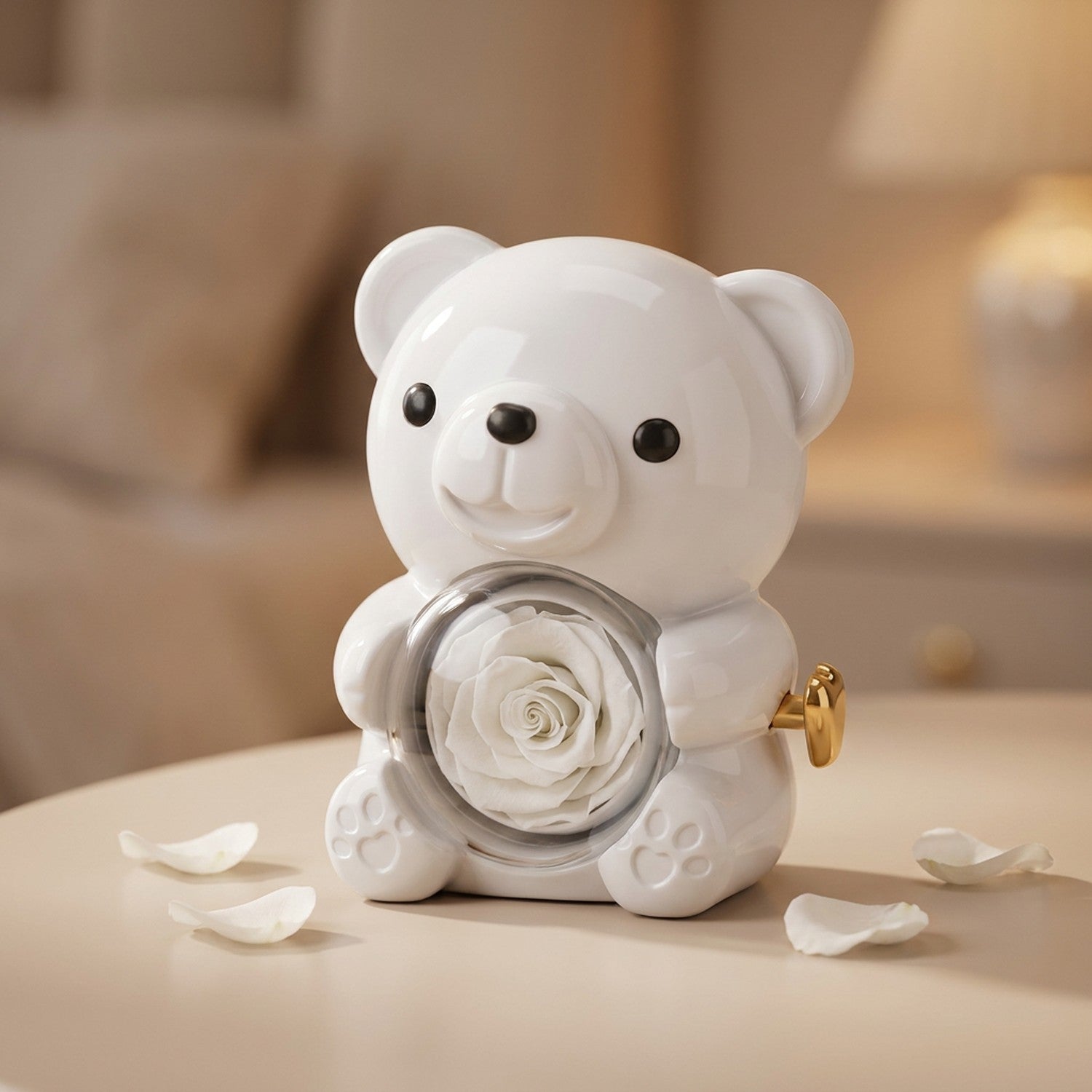 Boîte à bijoux ourson blanc avec rose blanche pivotante