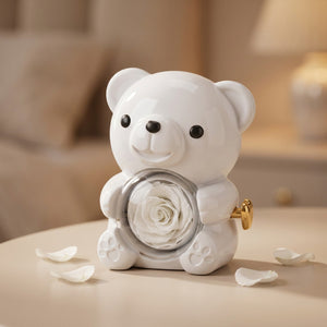 Boîte à bijoux ourson blanc avec rose blanche pivotante