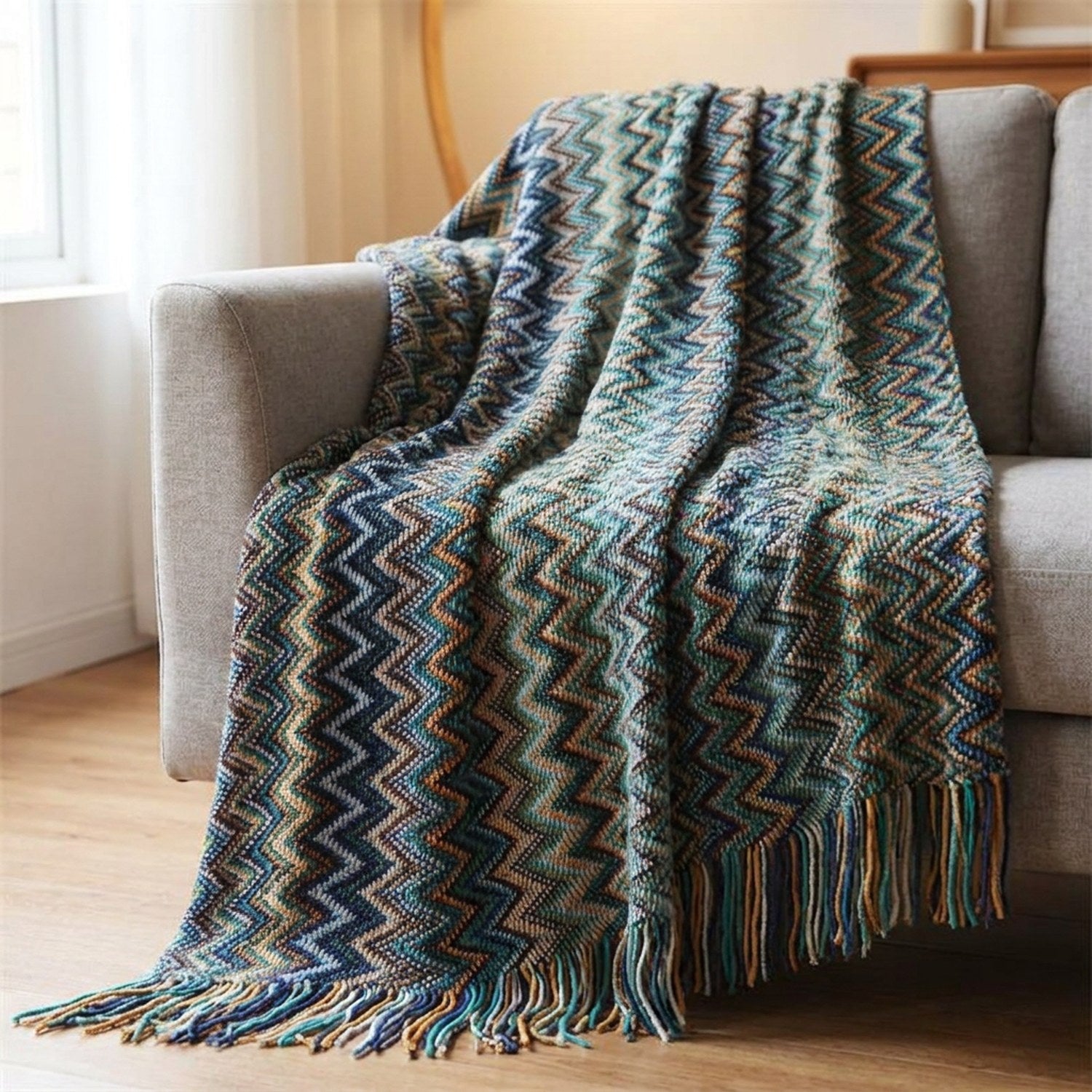 Plaid tricoté chevrons coloris bleu drapé sur un fauteuil gris