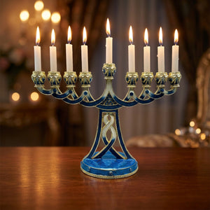 Candélabre de table 9 branches bleu émaillé doré métal vintage avec bougies allumées