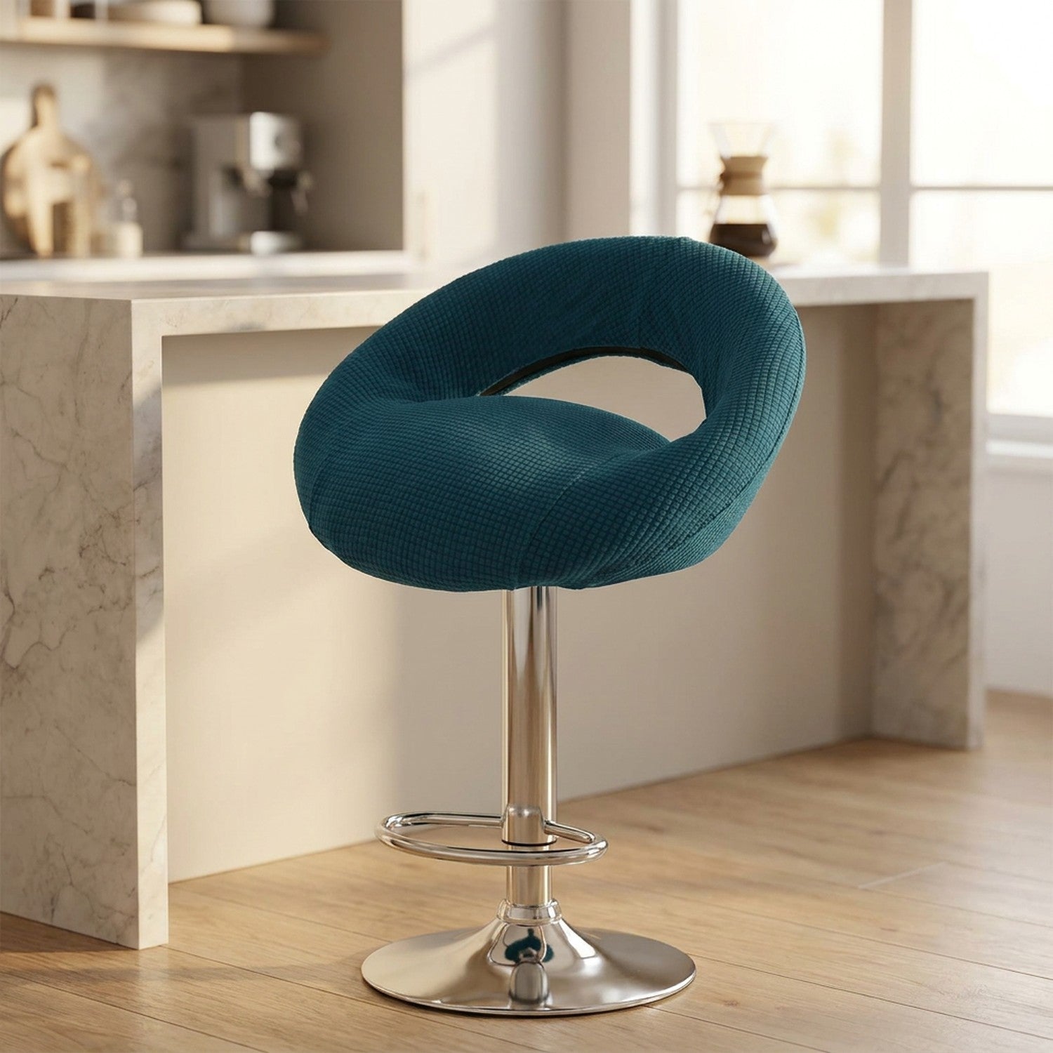 Housse de tabouret de bar demi-lune extensible couleur bleu canard