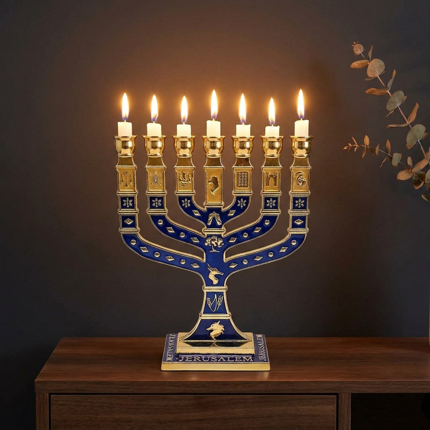 Ménorah chandelier bleu doré