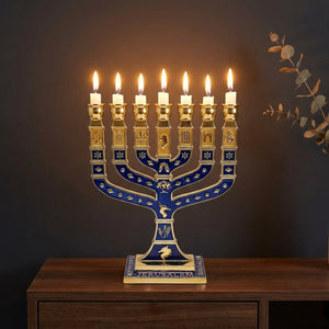 Ménorah chandelier bleu doré