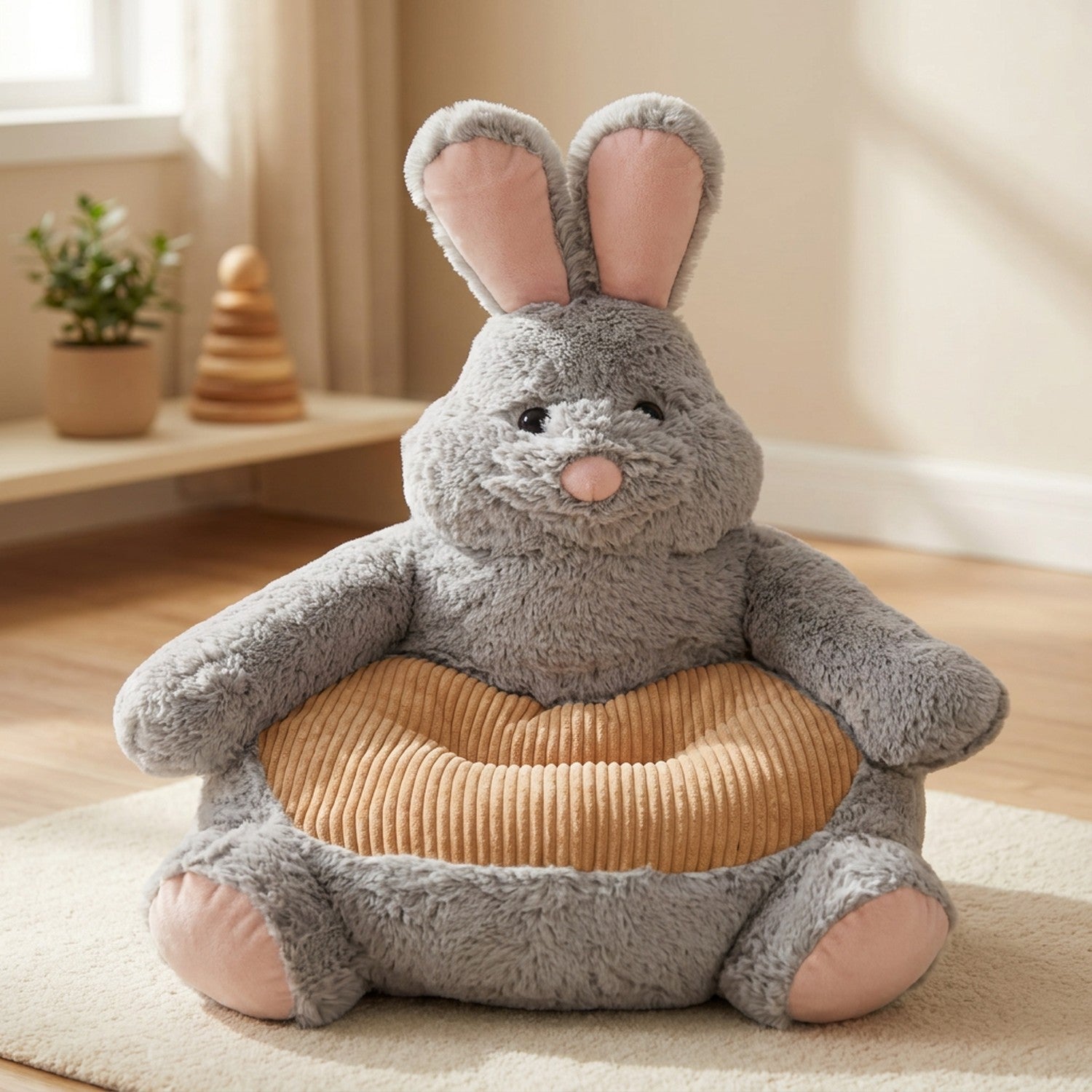 Fauteuil enfant en peluche lapin gris aux grandes oreilles