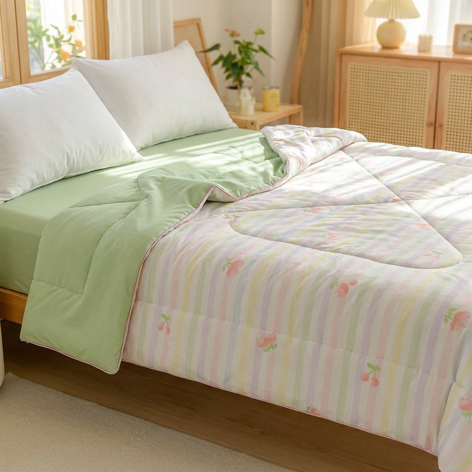 Couette légère à motif rayures pastel et cerises avec doublure vert amande