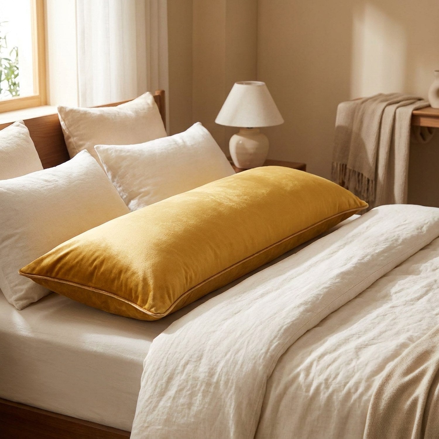 Taie d'oreiller longue couleur dorée gros plan sur lit