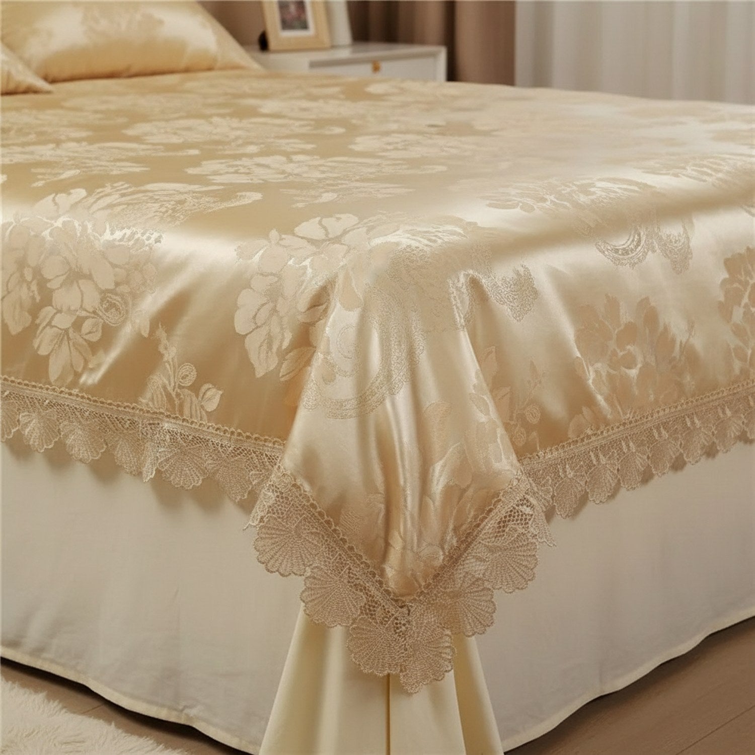 Couvre-lit en satin doré au motif floral et bordure en dentelle drapé sur un lit